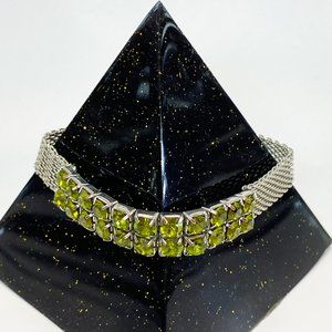 Green Rhinestones and Silver tone Mesh Bracelet Stretch Magnet Closure